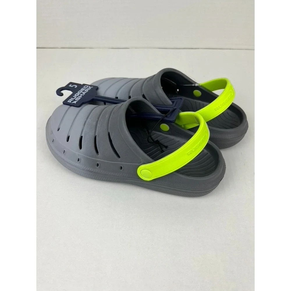 Rugged Shark Boy's Lite EVA Comfort Molded Gray & Green Back Trap Clogs Size 5